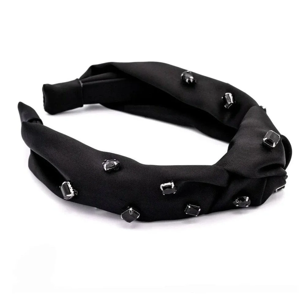 Knotted Headband Black Satin Faux Black Rhinestones